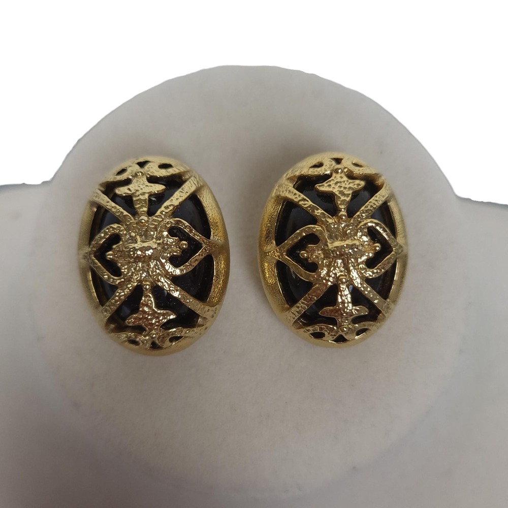 Vintage Gold Tone Caged Glass Clip On Earrings Black Ornate Statement Jewelry